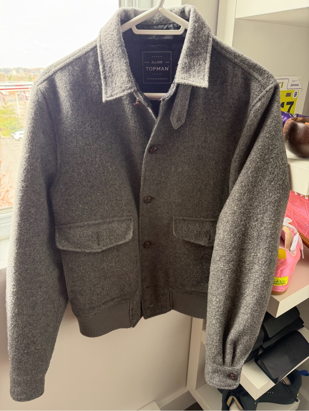Topman Gray Wool Bomber-Style Button Jacket